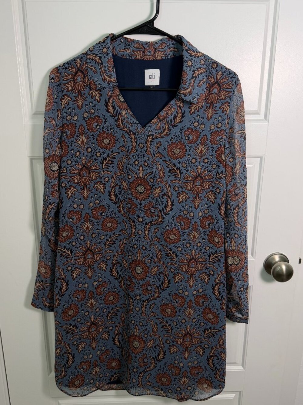 Cabi Floral Tunic Dress Small Blue Rust Boho Long Sleeve Shift Dress